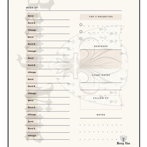 May include: A cream-colored weekly planner titled "Bail Bond Weekly Planner." The planner includes sections for "Bond," "Bond $", and "Mileage," along with spaces for "Top 3 Priorities," "Reminder," and "Court Dates."