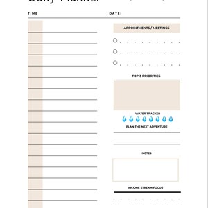 Może przedstawiać: Biały dzienny planer z tekstem "Daily Planner" i "Berry Vine Daily Now". Planer zawiera sekcje na czas, datę, spotkania, priorytety, śledzenie wody, notatki i skupienie na dochodach.