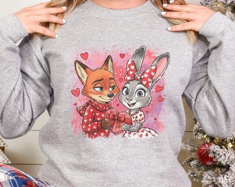 Watercolor Judy Hopps Nick Wilde Heart Sweatshirt, Valentine Zootopia Hoodie, Coquette Bow Zootopia Sweatshirt, Disney Love Crewneck 264542