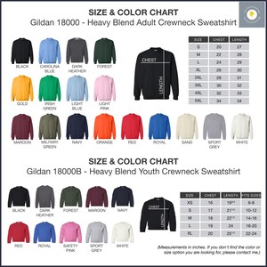 a chart showing the size and color of sweatshirts