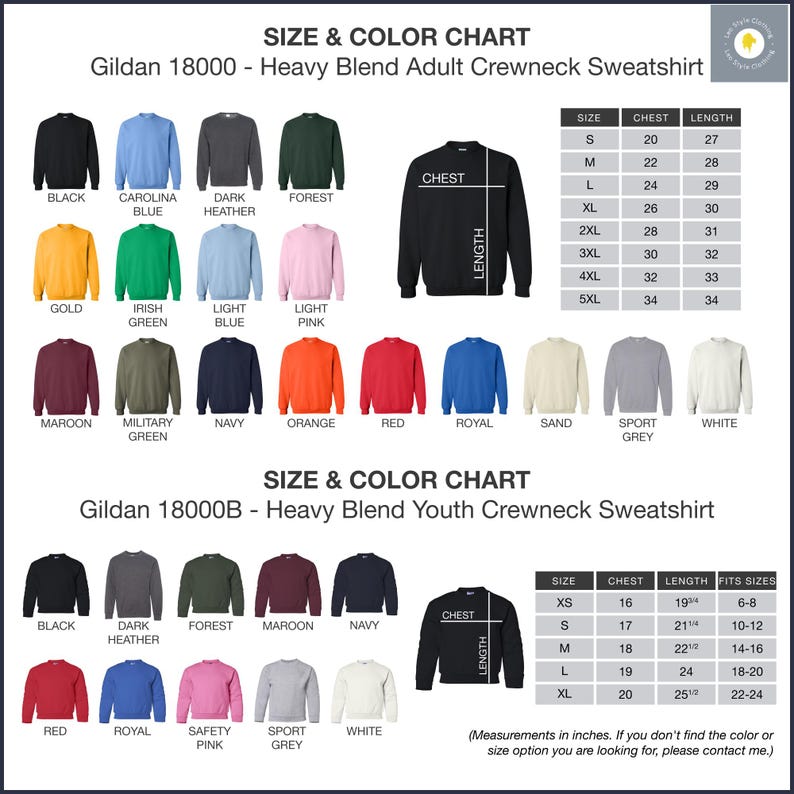 a chart showing the size and color of sweatshirts