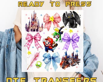 Transferencias DTF listas para prensar: Mario, Dragon, Castle Designs Coquette Bows Epic Universe Transferencia de prensa de calor, Transferencia DTF para planchar Universe,