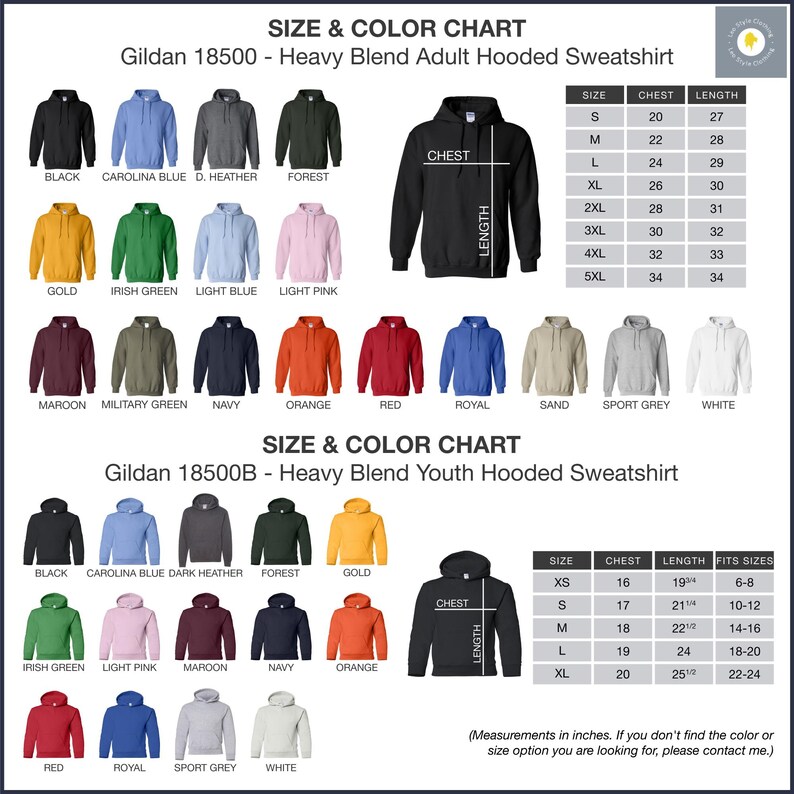 the size and color chart for a men's hoodie