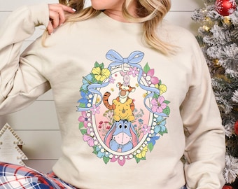 Winnie The Pooh Coquette Mirror Sweatshirt, Disney Pooh And Friends Sweatshirt, Coquette Bow Pooh Hoodie, Floral Pooh Bear Crewneck 264137