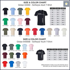 a chart showing the size and color of a t - shirt