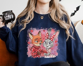 Watercolor Judy Hopps Nick Wilde Heart Sweatshirt, Valentine Zootopia Hoodie, Coquette Bow Zootopia Sweatshirt, Disney Love Crewneck 264542