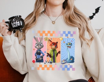 Checkered Disney Zootopia 2 Sweatshirt, Judy Hopps Nick Wilde Gary De'Snake Hoodie, Disneyland Zootopia Crewneck 264500