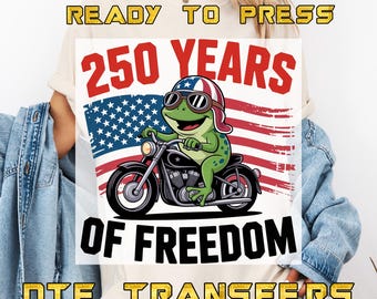 250 años de libertad, motocicleta Frog, transferencia DTF (lista para planchar), divertida calcomanía de cumpleaños estadounidense para planchar