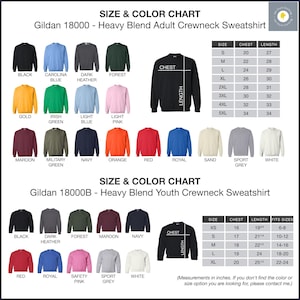 a chart showing the size and color of sweatshirts