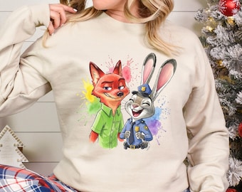 Disney Zootopia Characters Sweatshirt, Nick Wilde Judy Hopps Sweatshirt, Disney Family Trip Hoodie, Zootopia Watercolor Crewneck 264171