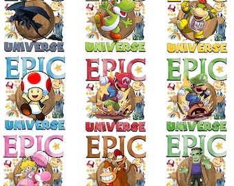 Puede incluir: Nueve diseños gráficos coloridos con personajes de la franquicia Super Mario. Cada diseño incluye la palabra "EPIC" arriba y "UNIVERSE" debajo de la imagen del personaje. Personajes: un dragón, Yoshi, Bowser, Toad, Mario, Luigi, Peach, Donkey Kong y Frankenstein.