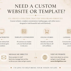 May include: A beige graphic advertisement with gold leaf accents featuring the text NEED A CUSTOM WEBSITE OR TEMPLATE? It lists services including custom websites, template customization, online stores, and landing pages with icons for each.
