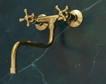 Handmade Unlacquered Brass Kitchen Faucet: Rustic Wall Mounted Double Handle