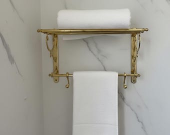 Moroccan Vintage Brass Towel Holder with Shelf & Hooks | Handcrafted Unlacquered Bathroom Organizer