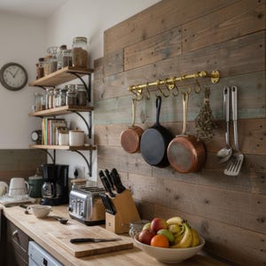 Peut inclure: Une cuisine rustique avec des étagères en bois remplies de bocaux, une horloge et un plan de travail avec un grille-pain, une cafetière et un bol de fruits. Des casseroles en cuivre sont suspendues à une barre en laiton.