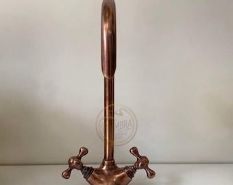 Handmade Solid Brass Bridge Faucet – Antique Copper Farmhouse Tap