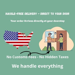 May include: An illustration with a map of the United States in the shape of the American flag, and two people exchanging a package at a door. Text reads: "Hassle-Free Delivery - Direct to Your Door", "Your order Arrives directly at your doorstep", "No Customs Fees - No Hidden Taxes", and "We handle everything."