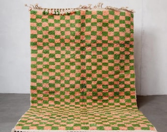 Handwoven Beni Ourain Checkerboard Rug: Terracotta & Green Moroccan Wool