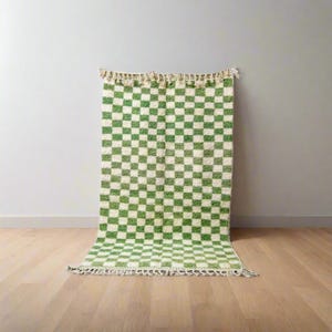Checkered Green and White Wool Rug: Large Boho Shag, Moroccan Home Decor