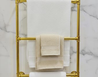 Moroccan Vintage Brass Towel Holder with Shelf & Hooks | Handcrafted Unlacquered Bathroom Organizer