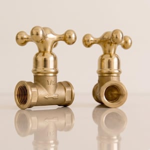 May include: Two polished brass plumbing valves with cross-shaped handles. Each valve features a threaded inlet and outlet, with the text 1/2 and an arrow symbol engraved on the side of the metal body, indicating the flow direction for installation.