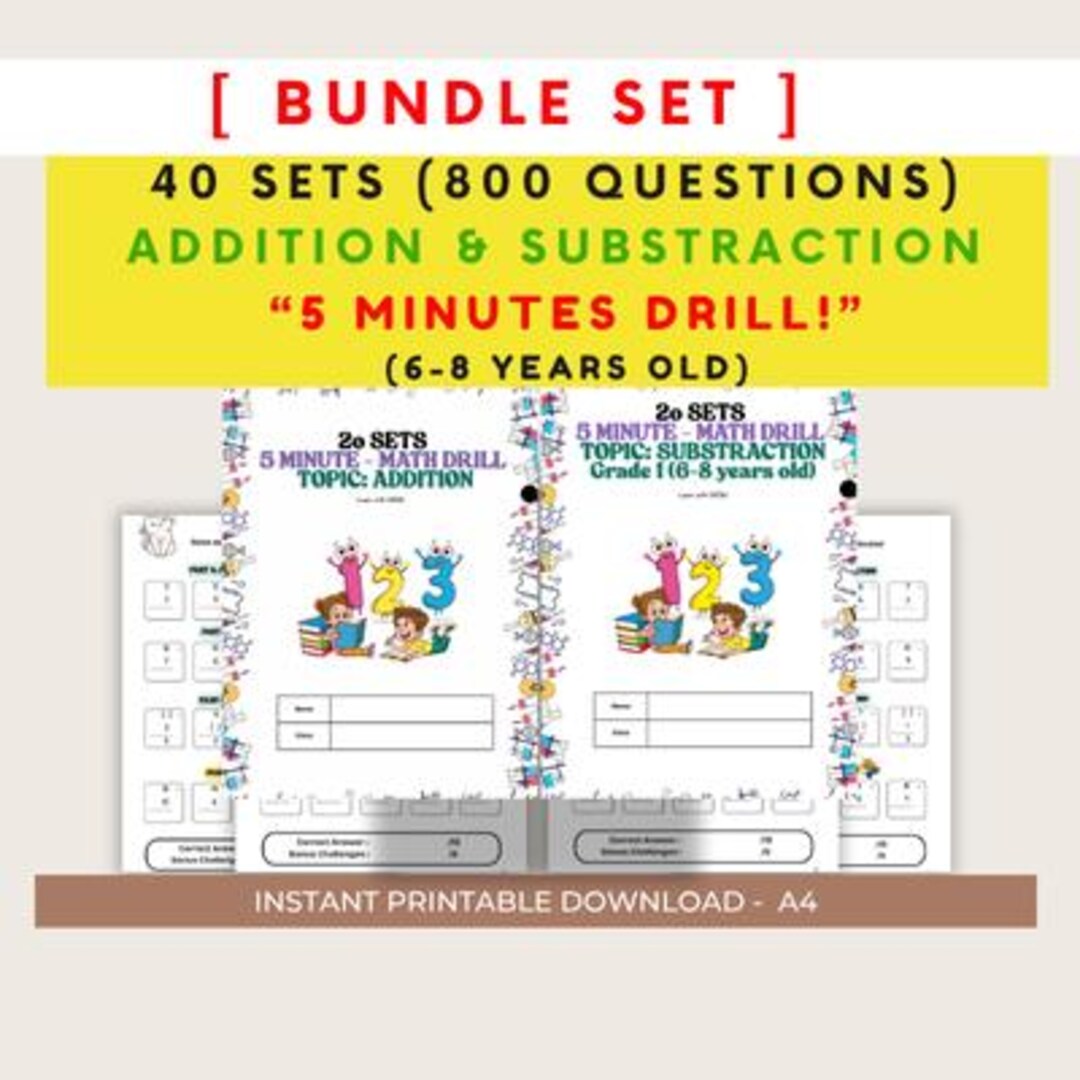 Addition, Subtraction Worksheets Bundle Ages 7-9 | 40 Printable Math ...