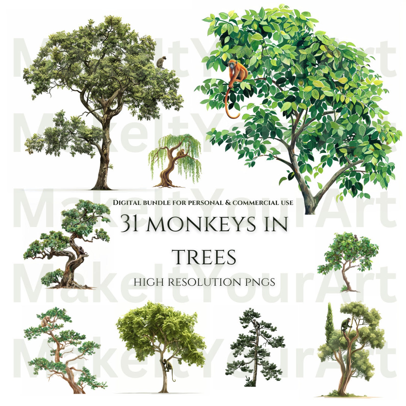 Bundle of Monkeys in Trees Clipart Bundle High Resolution PNG Digital ...