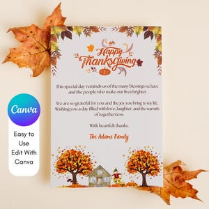 Bearbeitbare Danksagungs-Grußkarte, personalisierte Herbstfeiertagskarte, Größe 5 "x 7", digitaler Download für Familie und Freunde, Happy Thanksgiving