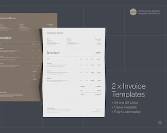 以下が含まれることがあります： Canva 用に設計された 2 つの請求書テンプレート。テンプレートは A4 と US レターサイズで、完全にカスタマイズ可能です。テンプレートは白地に黒文字で、ミニマルなデザインです。