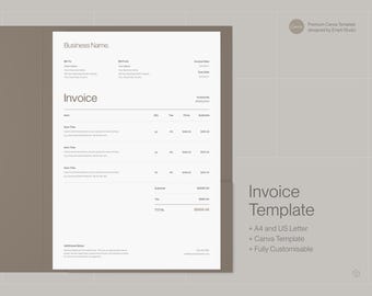 May include: A white invoice template with the text "Invoice Template" in black. The template includes space for business name, invoice date, due date, invoice number, item name, quantity, tax, price, subtotal, tax, and total. The template is designed for use with Canva and is fully customizable.