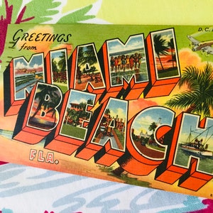 Vintage Miami Beach Florida postal saludos avión de la Segunda Guerra Mundial gran carta lino souvenir kitsch Floridiana 1940s