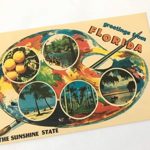 Postal vintage de Florida carta grande saludos 1940s lino souvenir Floridiana kitsch sunshine palmeras Tierra de Sunshine menta