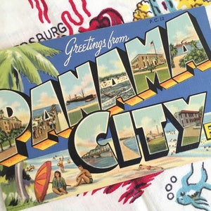Salutations de la ville de Panama, Floride, carte postale vintage des années 1940, grande lettre, lin, souvenir, kitsch, Floridiana