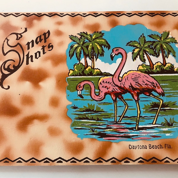 Vintage Florida photo snapshot album Daytona Beach flamingos palms faux leather black pages 1950s souvenir kitsch Floridiana