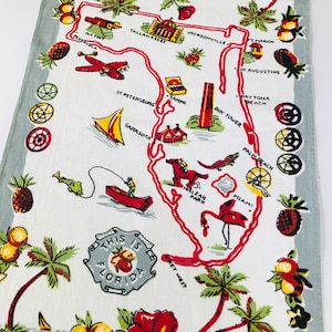 Vintage Florida theeschotel keukenhanddoek jaren 1940 souvenir Dit is Florida kaart flamingo kitsch Floridiana