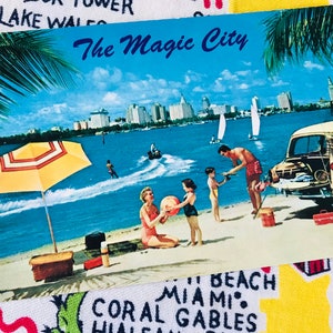 Vintage Miami Beach postal 1950 Magic City Woody station wagon recuerdo kitsch
