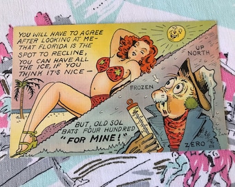 Vintage Florida postcard comic 1940s linen bathing beauty pinup girl Floridiana souvenir kitsch