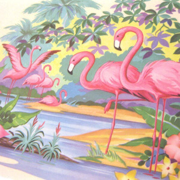 Vintage flamingos decal transfer flamingos hibiscus flowers Meyercord style 1940s 1950s Mid Century extra large