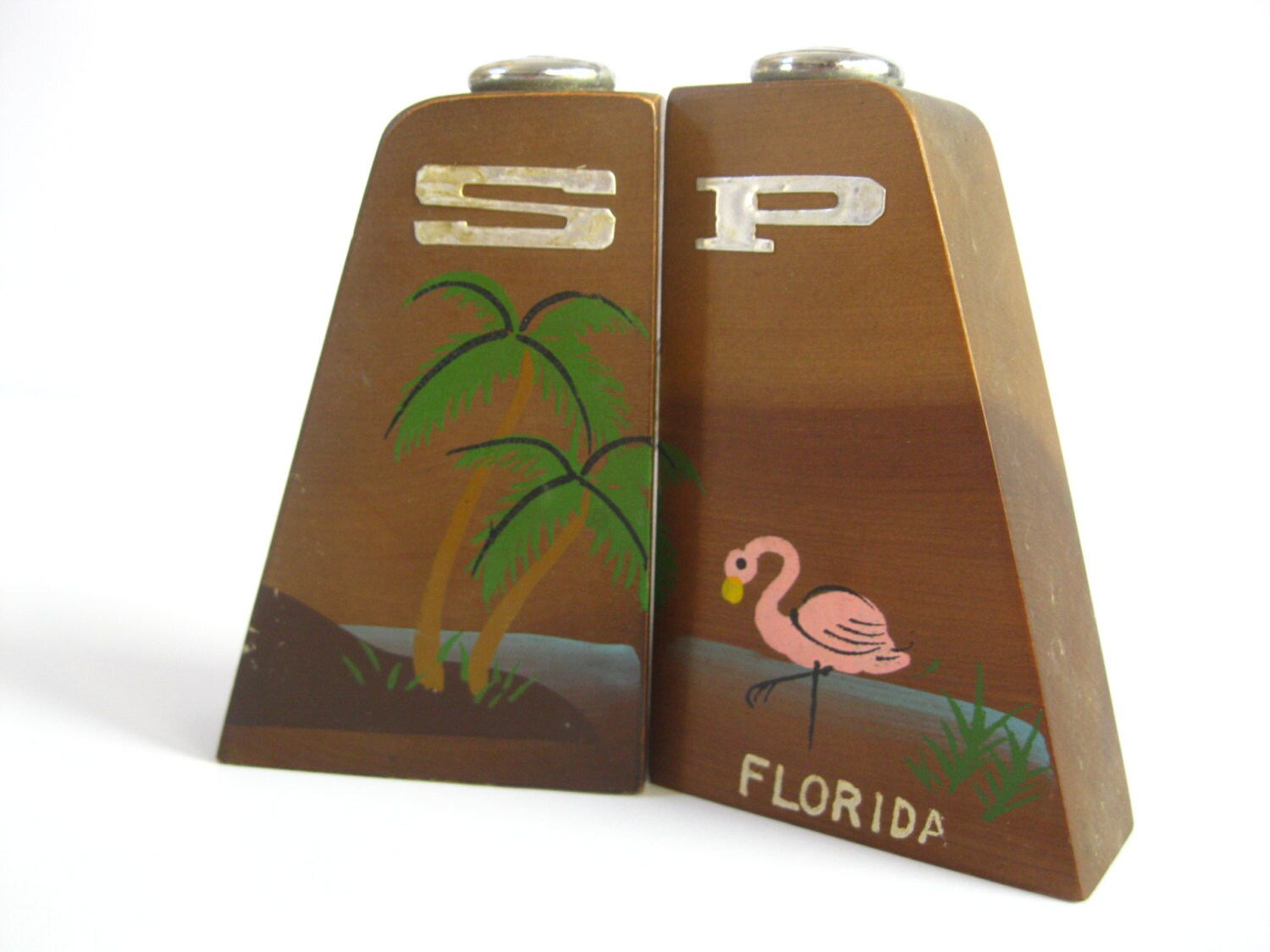 Vintage Florida salt and pepper shakers mid century 1960s wood