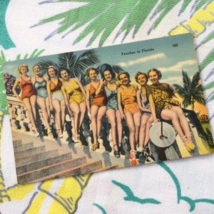 Vintage Miami Beach postal Miami Florida bellezas bañistas lino de la década de 1940 Melocotones en Miami Beach Floridiana kitsch souvenir