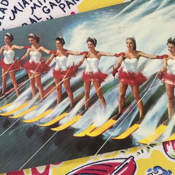 Vintage Cypress Gardens Florida Aqua-Maids postcard 6 girls on water skis skiers 1950s souvenir Floridiana chrome