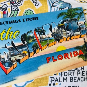 Vintage Florida Palm Beaches postal saludos de letras grandes recuerdo de lino de la década de 1940 Floridiana kitsch
