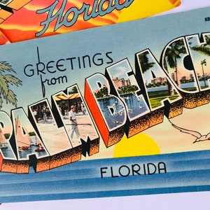 Postal vintage de Palm Beach, Florida, saludos, letra grande, recuerdo de lino, kitsch, Floridiana, años 40