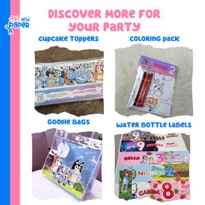 May include: Image showcasing party supplies: cupcake toppers, colouring packs, goodie bags, and water bottle labels. The items feature cartoon characters and birthday themes. Text includes "Discover More For Your Party."