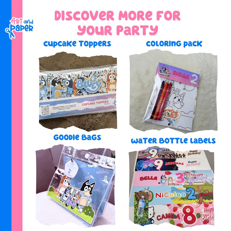 May include: Image showcasing party supplies: cupcake toppers, colouring packs, goodie bags, and water bottle labels. The items feature cartoon characters and birthday themes. Text includes "Discover More For Your Party."