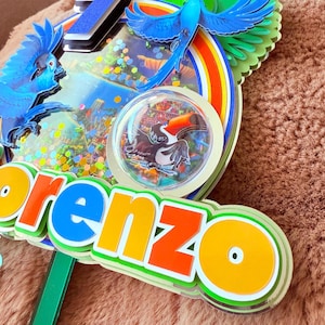 Op de afbeelding: Een kleurrijke taarttopper met de naam "Lorenzo" in oranje, geel en groen. De topper bevat afbeeldingen van blauwe ara's, een toekan en een regenboog, met een achtergrond van een stadsgezicht. Het ontwerp is gelaagd met glitteraccenten.