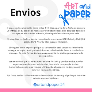 May include: Image with the text "Envios" in large black letters. The text is in Spanish. The image also contains the logo for "ART and PAPER" with a pair of scissors. The text below the logo is in English.