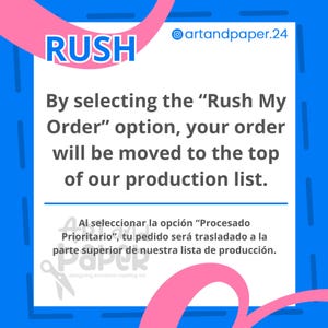 Op de afbeelding: Een blauw-witte afbeelding met het woord "RUSH" in grote, vette letters. Tekst legt uit dat het selecteren van de optie "Rush My Order" de bestelling naar de top van de productielijst verplaatst. De afbeelding bevat de Instagram-handle @artandpaper.24.