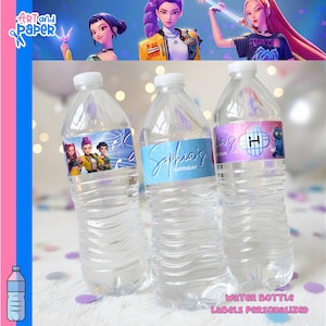 May include: Three clear plastic water bottles with personalized labels. The labels feature cartoon characters and the text "Sophia's Birthday." The top of the image shows three cartoon women. The bottom of the image has the text "WATER BOTTLE LABELS PERSONALIZED."