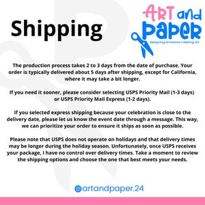 Op de afbeelding: De afbeelding toont het woord "Verzending" in grote, vette, zwarte letters. De afbeelding bevat ook de tekst "ART and Paper" in een kleurrijk, gestileerd lettertype, samen met aanvullende informatie over productie- en levertijden.